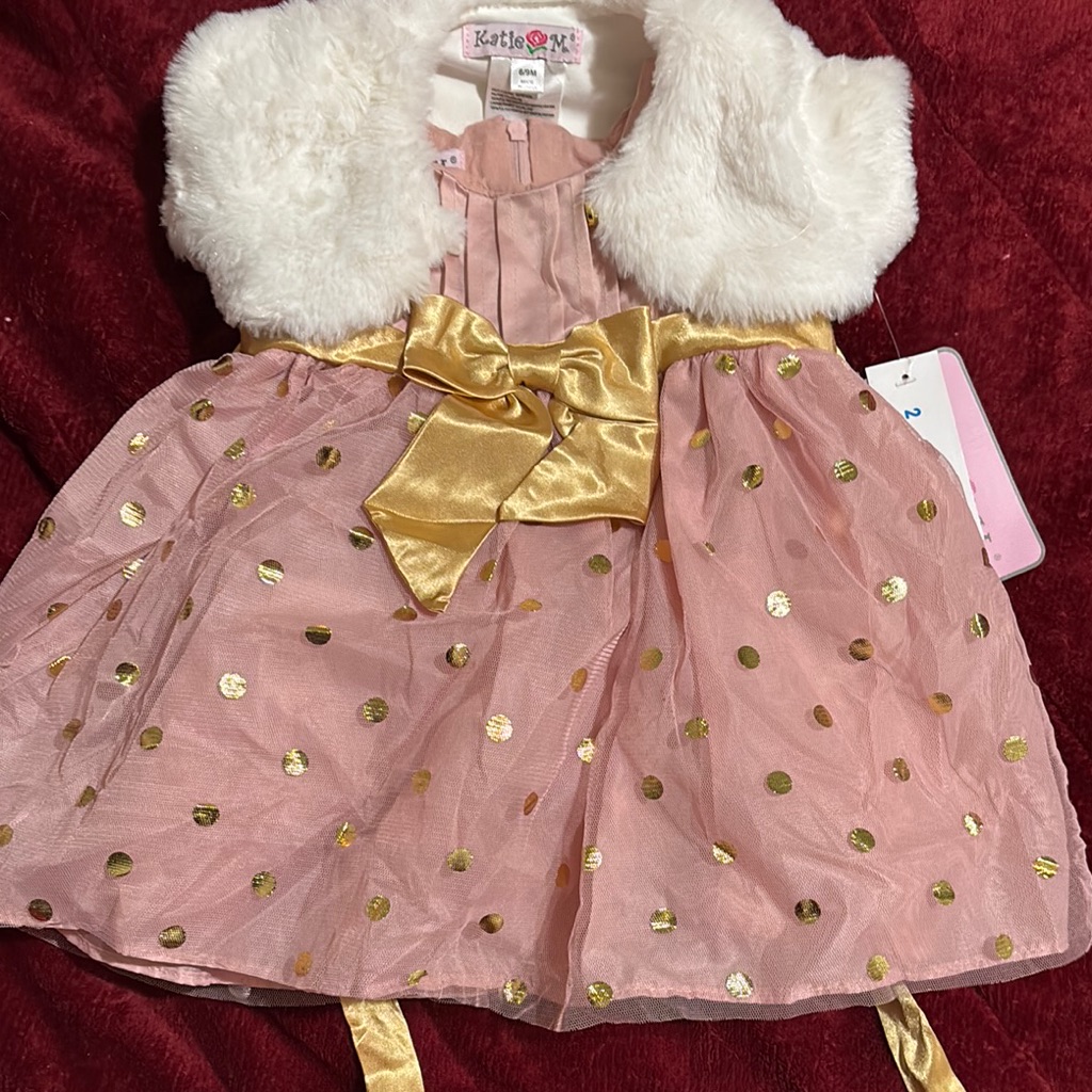 Pink And Gold Polka Dot Dress With Faux Fur Vest